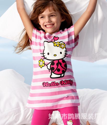 儿童服装厂家直销 女童Hello Kitty卡通条纹套装，夏季爆款批发首选